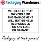 CT067 Vehicles Left At Owners Risk Management No Responsible For Loss Sign