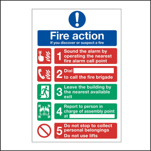 FI182 Fire Action If You Discover Or Suspect A Fire Sign with Flames People Phone Switch Door
