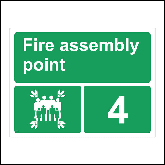 FS204 Fire Assembly Point 4 Sign with Four Arrows Pointing To Group Of People Running