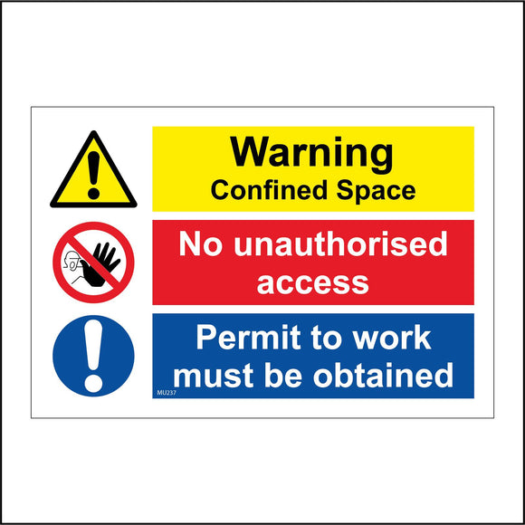MU237 Warning Confined Space No Unauthorised Access Sign with 3 Circles Hand 2 Exclamation Marks