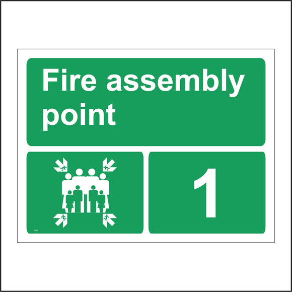 FS201 Fire Assembly Point 1 Sign with Four Arrows Pointing To Group Of People Running