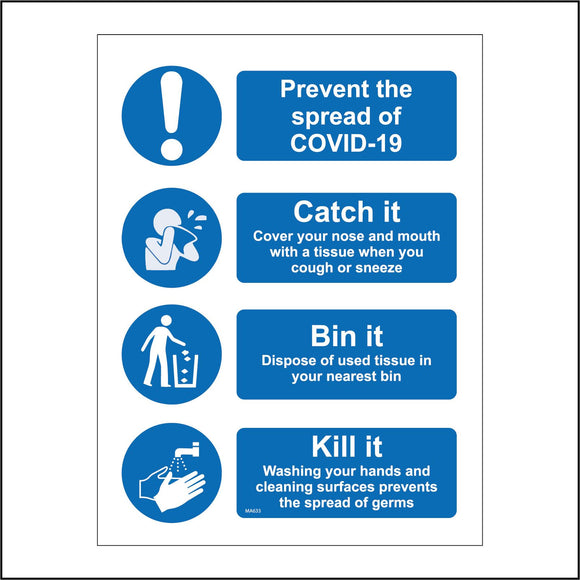 MA633 Prevent The Spread Of COVID-19 Catch It Bin It Kill It Sign with Exclaamtion Mark, Person, Bin, Hands, Tap