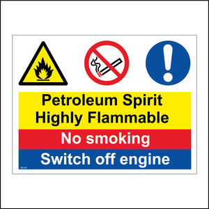 MU148 Petroleum Spirit Highly Flammable No Smoking Switch Off Engine Sign with Exclamation Mark Circle Cigarette Fire