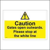 WS919 Caution Gates Open Outwards. Please Stop At The White Line Sign with Triangle Exclamation Mark