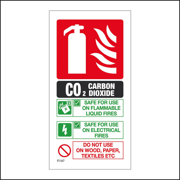 FI187 CO2 Carbon Dioxide Safe For Use On Flammable Liquid Fires Sign with Extinguisher Flames Can Lightning Bolt
