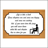 IN168 Life Is Like A Book Sad Happy In Store For You Sign with Person Chair Table Book