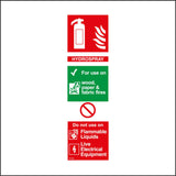 FI193 Hydrospray For Use On Wood, Paper, & Fabric Fires Do Not Use On Flammable Liquids Live Electrical Equipment Sign with Fire Extinguisher Can Lightning Bolt