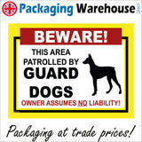 SE027 Beware! This Area Is Patrolled By Guard Dogs Owner Assumes No Liability Sign with Dog
