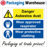 MU094 Danger Asbestos Dust Wear Approved Respirator Wear Protective Clothing Sign with Triangle Exclamation Mark Overalls Gas Mask