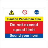 MU089 Caution Pedestrian Area Do Not Exceed Speed Limit Sound Your Horn Sign with Triangle Exclamation Mark Horn Circle