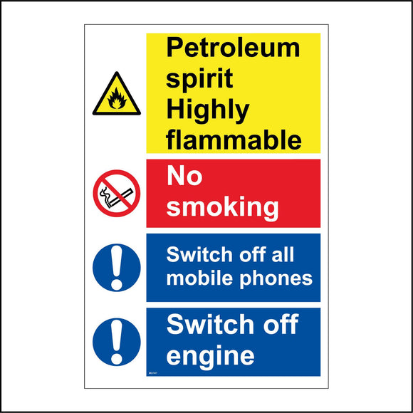 MU147 Petroleum Spirit Highly Flammable No Smoking Switch Off All Mobile Phones Switch Off Engine Sign with Exclamation Marks Fire Circle Cigarette