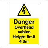 WS588 Danger Overhead Cables Height Limit 4.8M Sign with Triangle Lightning Arrow