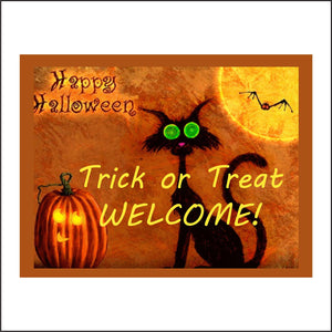 HU225 Happy Halloween Trick Or Treat Welcome Sign with Black Cat Pumpkin Bat