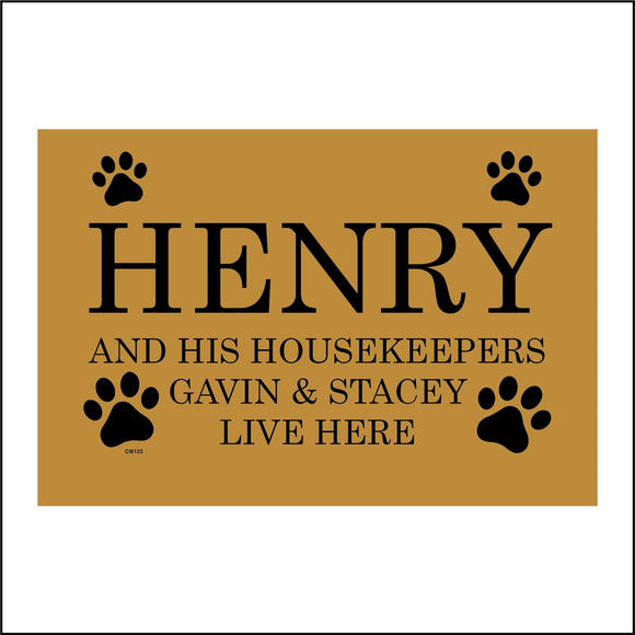 CM132 Personalise And His Housekeepers You Name Live Here Sign with Paw Prints
