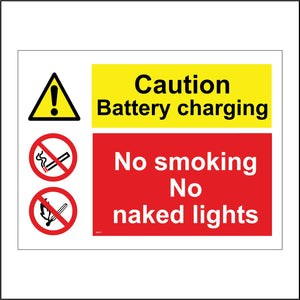 MU017 Caution Battery Charging No Smoking No Naked Lights Sign with Exclamation Mark Triangle Lit Match Cigarette
