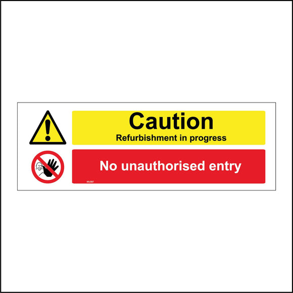 MU087 Caution Refurbishment In Progress Sign with Triangle Exclamation Mark Circle Hand