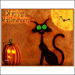 HU082 Happy Halloween Sign with Cat Bat Pumpkin