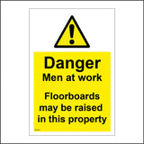 WT000 Danger Men At Work Floorboards May Be Raised In This Property Sign with Exclamation Mark