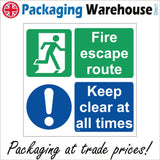 FS233 Fire Escape Route Keep Clear At All Times Sign with Door Man Circle Exclamation Mark