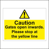 WT028 Caution Gates Open Inwards Please Stop At The Yellow Line Sign with Triangle Exclamation Mark