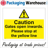 WT028 Caution Gates Open Inwards Please Stop At The Yellow Line Sign with Triangle Exclamation Mark