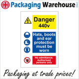 MU200 Danger 440V Hats, Boots And Ear Protection Must Be Worn No Admittance. Authorised Persons Only Sign with Triangle Lightning Bolt 4 Circles Hat Boots Face