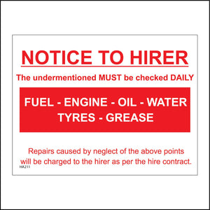 HA211 Notice To Hirer Check Oil Fuel Tyres Grease