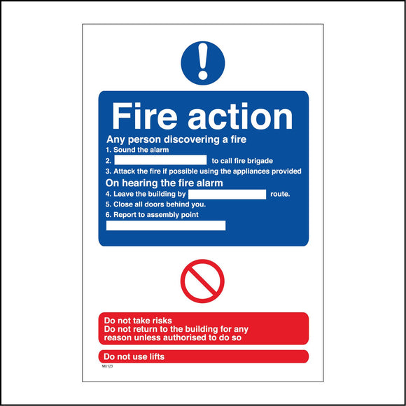 MU123 Fire Action Sign with Exclamation Mark Circle