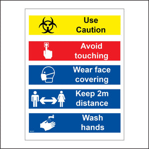 MU241 Use Caution Avoid Touch Wear Face Covering Keep Distance Wash Hands Sign with Face Hands People Arrows Hazard Sign