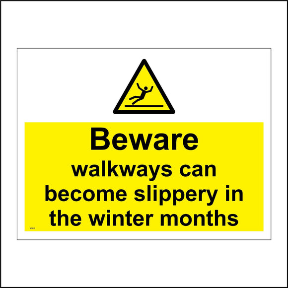 WS812 Beware Walkways Can Become Slippery In The Winter Months Sign with Triangle Man Slipping