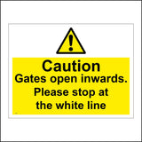 WS920 Caution Gates Open Inwards. Please Stop At The White Line Sign with Triangle Exclamation Mark