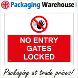 PR199 No Entry Gates Locked Sign with Circle Hand Face Triangle Exclamation Mark