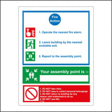 FI164 Fire Action 1. Operate The Nearest Fire Alarm. 2. Leave Building By Nearest Exit. 3. Report To The Assembly Point Sign with Fire People Arrows
