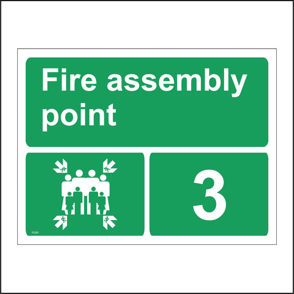 FS203 Fire Assembly Point 3 Sign with Four Arrows Pointing To Group Of People Running